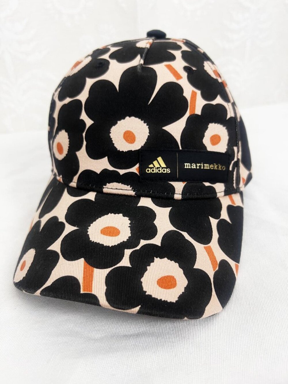 Adidas x Marimekko Unikko poppy peach & black snap-back hat adjustable OS women